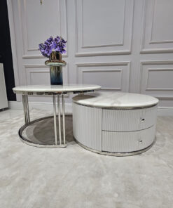ZESTAW STOLIKÓW KAWOWYCH Anne 2w1, blat z konglomeratu marmurowego, srebrny stelaż, ryflowany korpus z szufladami, ekskluzywny