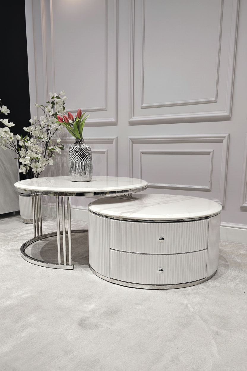 ZESTAW STOLIKÓW KAWOWYCH Anne 2w1, blat z konglomeratu marmurowego, srebrny stelaż, ryflowany korpus z szufladami