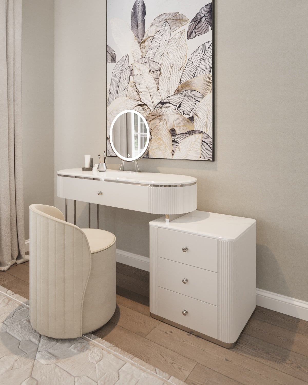 ZESTAW_EKSKLUZYWNY TOALETKA + SZAFKA + FOTEL kolekcja Anne, biała, ryflowana, srebrne metalowe detale, blat z konglomeratu marmurowego, nowoczesny styl, piękna