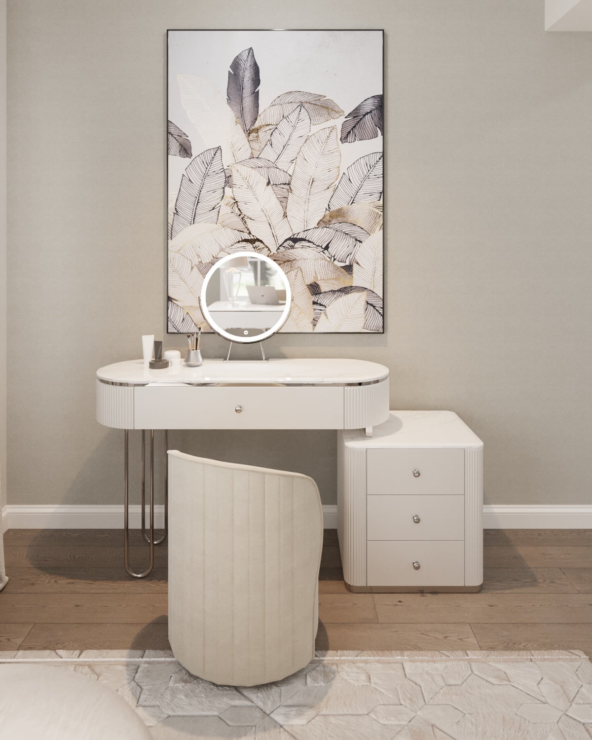 ZESTAW_EKSKLUZYWNY TOALETKA + SZAFKA + FOTEL kolekcja Anne, biała, ryflowana, srebrne metalowe detale, blat z konglomeratu marmurowego, nowoczesny styl