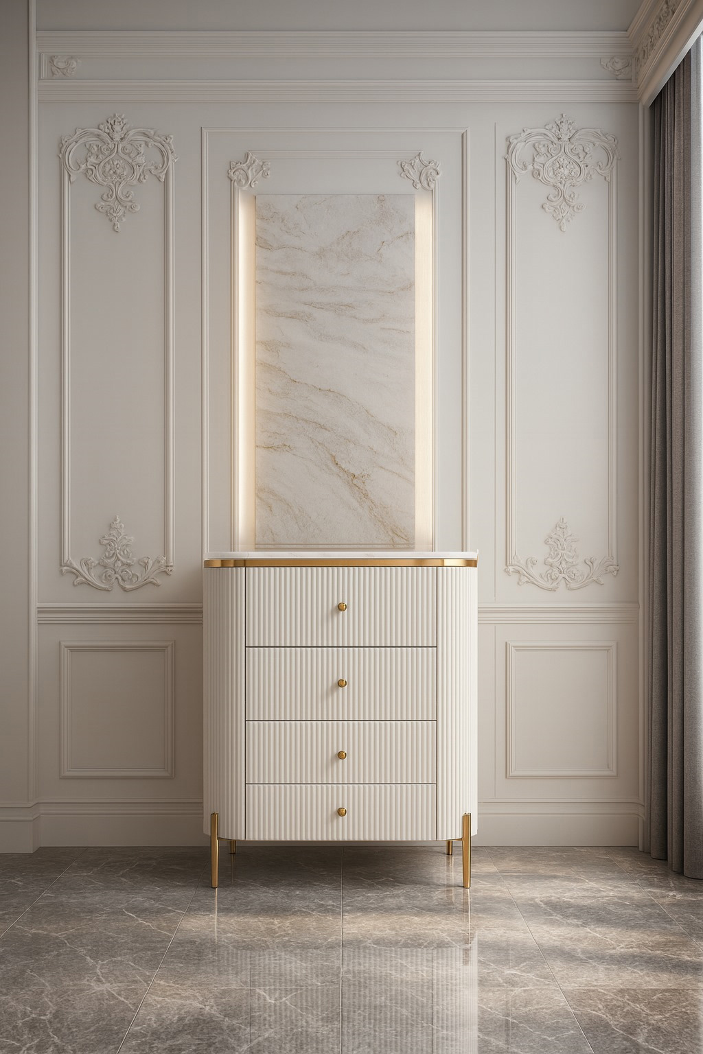 KOMODA Anne biała z czterema szufladami, ryflowany korpus, złote metalowe detale, nowoczesny styl KOMODA Anne biała z czterema szufladami, ryflowany korpus, złote metalowe detale, nowoczesny styl