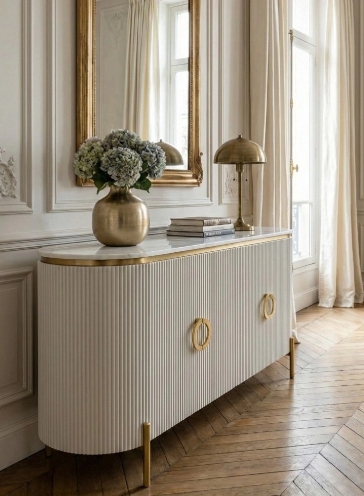 KOMODA Anne z ryflowanym, białym korpusem, blat z konglomeratu marmurowego, złote metalowe dodatki w szczotkowanym wykończeniu KOMODA Anne z ryflowanym, białym korpusem, blat z konglomeratu marmurowego, złote metalowe dodatki w szczotkowanym wykończeniu