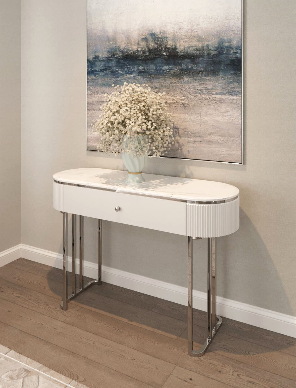 KONSOLA Anne Silver na srebrnych błyszczących nogach, bialy korpus z ryflowaniem po bokach i praktyczną szufladą, srebrne detale