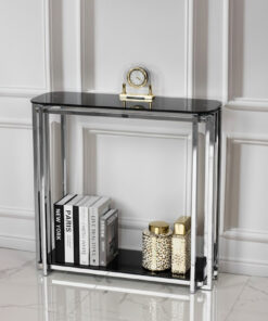 KONSOLA Elisse srebrny stelaż ze stali nierdzewnej, szklane blaty, styl glamour 80 cm, czarna szyba