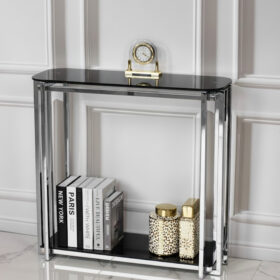 KONSOLA Elisse srebrny stelaż ze stali nierdzewnej, szklane blaty, styl glamour 80 cm, czarna szyba