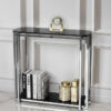 KONSOLA Elisse srebrny stelaż ze stali nierdzewnej, wąska, szklane blaty, styl glamour - 60 cm, czarne szyby