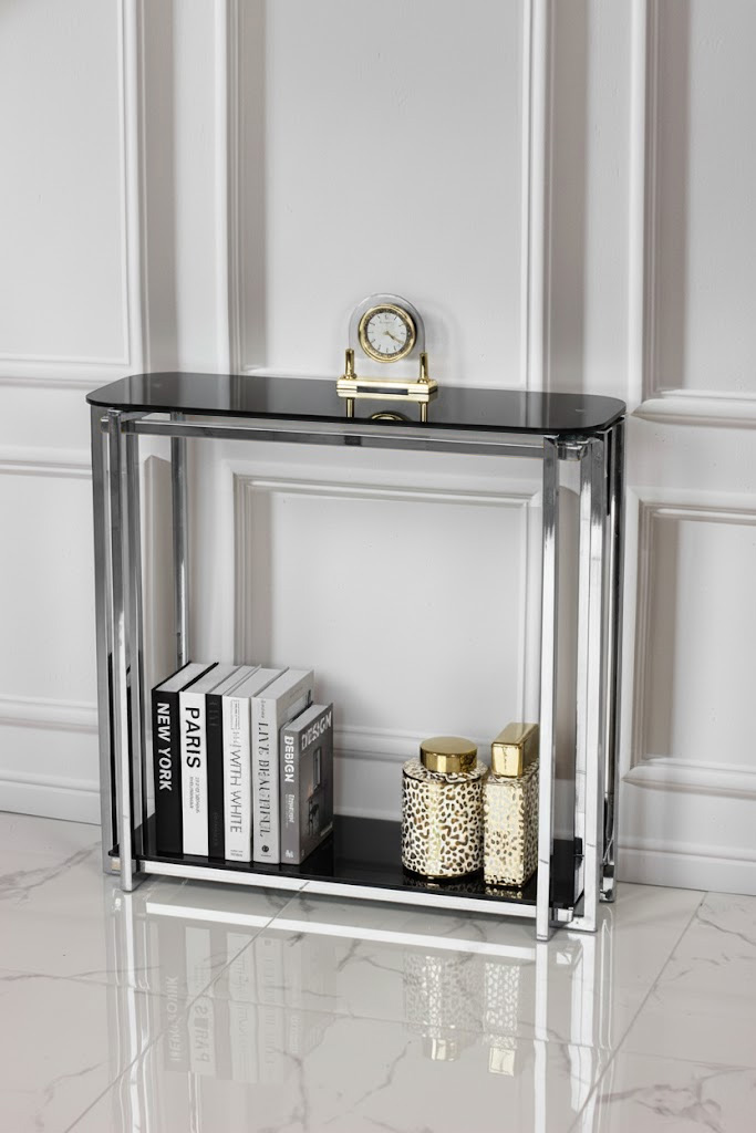 KONSOLA Elisse srebrny stelaż ze stali nierdzewnej, wąska, szklane blaty, styl glamour - 60 cm, czarne szyby