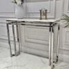 KONSOLA na srebrnym stelażu Castillo z białym blatem z konglomeratu marmurowego, nowoczesne glamour