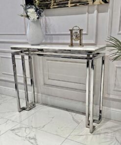 KONSOLA na srebrnym stelażu Castillo z białym blatem z konglomeratu marmurowego, nowoczesne glamour