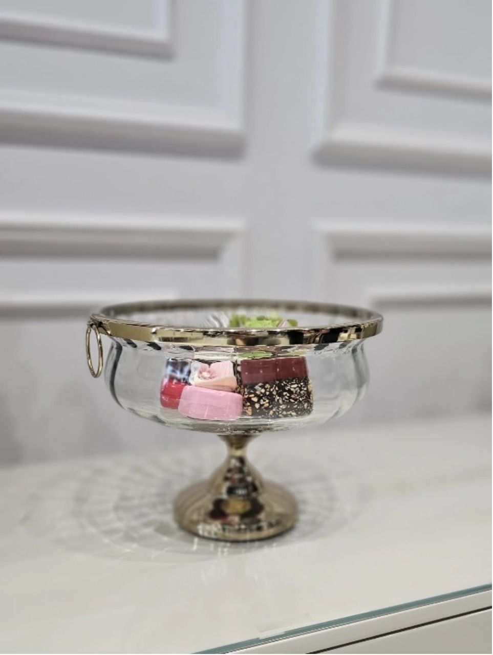 PATERA na złotej nóżce, szklana, styl glamour, premium