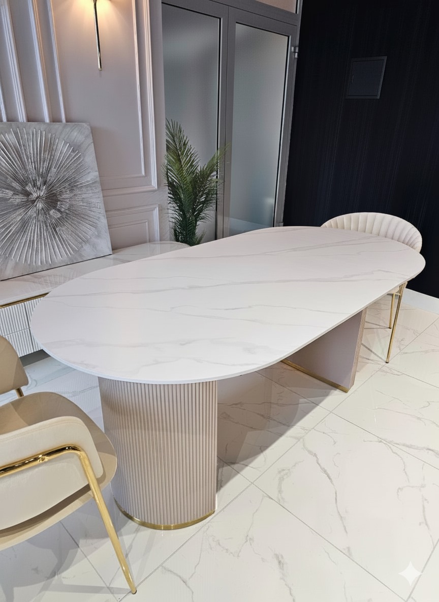 STÓŁ Incante Cashmir owalny na dwóch nogach, kaszmirowe nogi z MDF-u lakierowanego, złote detale (różne opcje blatów)