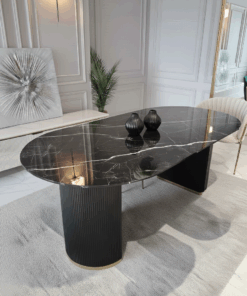 STÓŁ Incante owalny na dwóch nogach, nogi z MDF-u lakierowanego, czarny, złote detale, blat ze spieku kamiennego