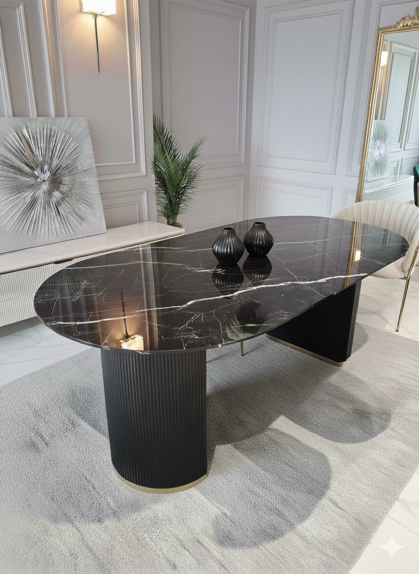 STÓŁ Incante owalny na dwóch nogach, nogi z MDF-u lakierowanego, czarny, złote detale, blat ze spieku kamiennego