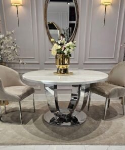 STÓŁ JADALNIANY Ring okrągły, na srebrnej, eleganckiej podstawie, biały blat z konglomeratu marmurowego, nowoczesny glamour