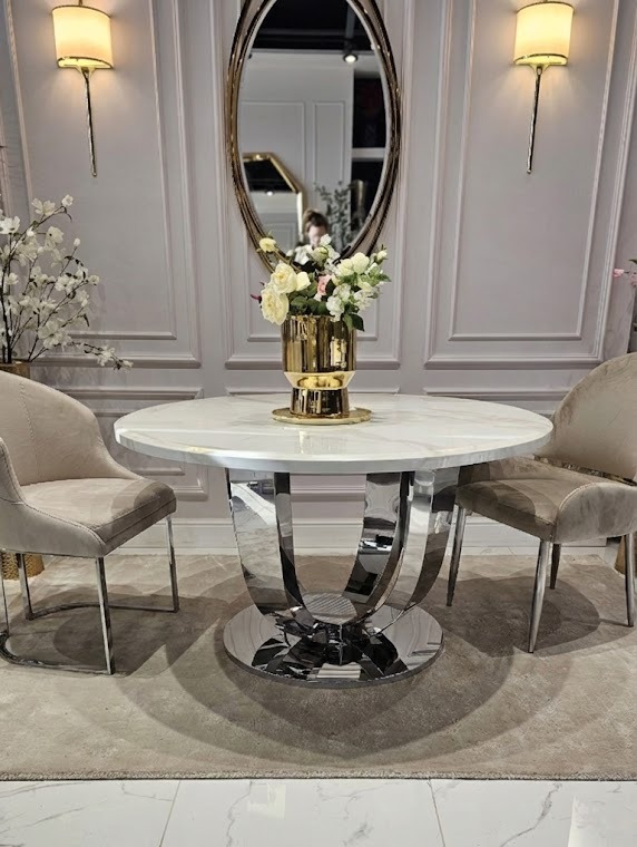 STÓŁ JADALNIANY Ring okrągły, na srebrnej, eleganckiej podstawie, biały blat z konglomeratu marmurowego, nowoczesny glamour STÓŁ JADALNIANY Ring okrągły, na srebrnej, eleganckiej podstawie, biały blat z konglomeratu marmurowego, nowoczesny glamour