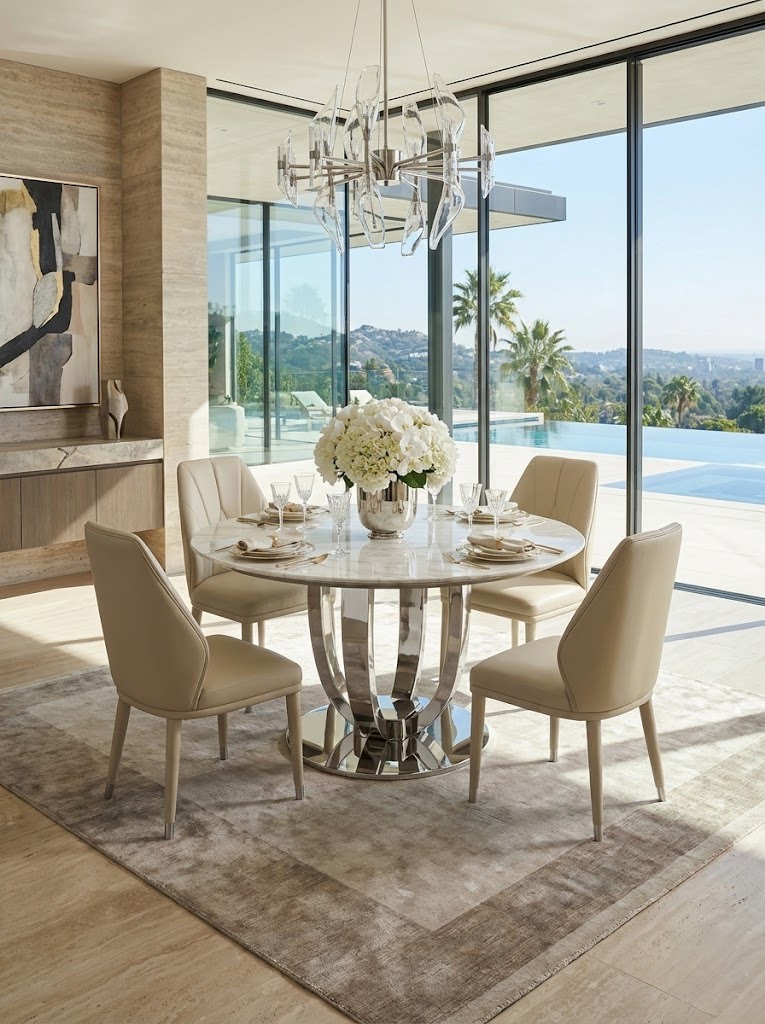 STÓŁ JADALNIANY Ring okrągły, na srebrnej, eleganckiej podstawie, biały blat z konglomeratu marmurowego, nowoczesny glamour STÓŁ JADALNIANY Ring okrągły, na srebrnej, eleganckiej podstawie, biały blat z konglomeratu marmurowego, nowoczesny glamour