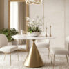 STÓŁ JADALNIANY Verona na podstawie w kształcie klepsydry w kolorze szczotkowanego złota, biały blat, nowoczesny styl STÓŁ JADALNIANY Verona na podstawie w kształcie klepsydry w kolorze szczotkowanego złota, biały blat, nowoczesny styl
