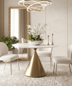 STÓŁ JADALNIANY Verona na podstawie w kształcie klepsydry w kolorze szczotkowanego złota, biały blat, nowoczesny styl