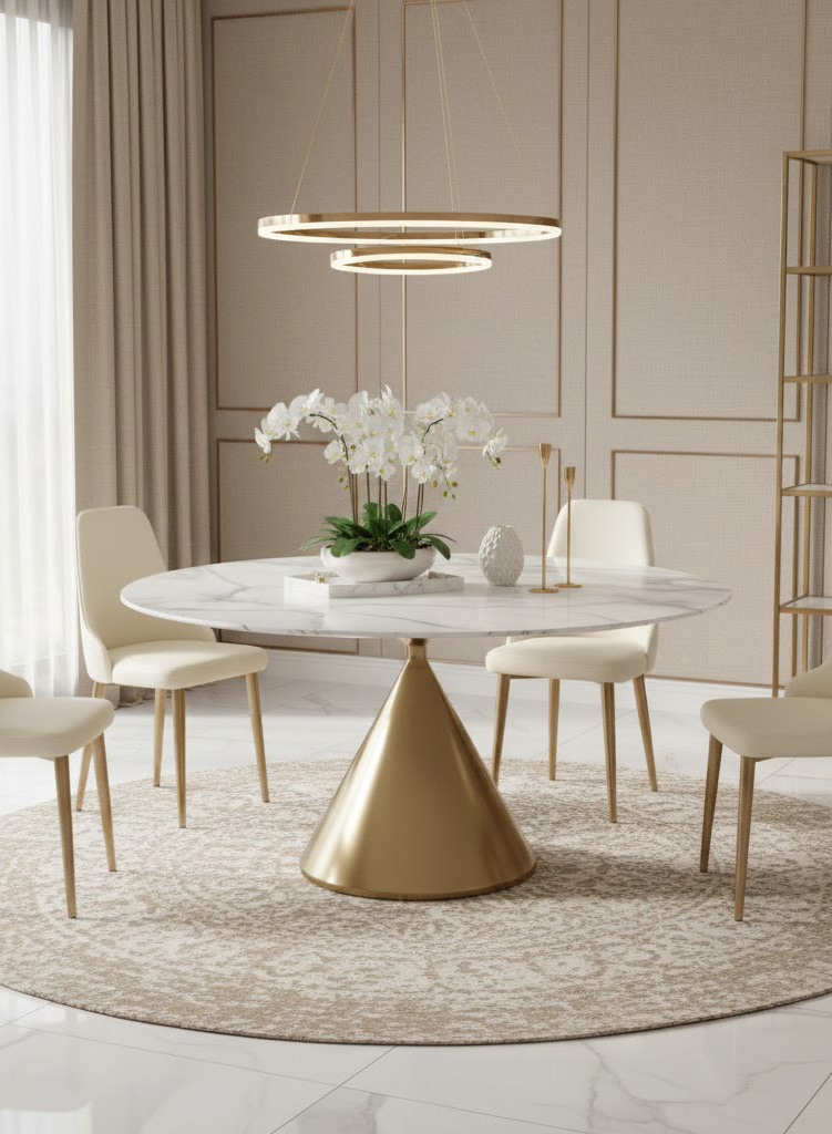 STÓŁ JADALNIANY Verona na podstawie w kształcie klepsydry w kolorze szczotkowanego złota, biały blat, nowoczesny styl, ekskluzywny STÓŁ JADALNIANY Verona na podstawie w kształcie klepsydry w kolorze szczotkowanego złota, biały blat, nowoczesny styl, ekskluzywny