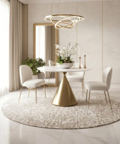 STÓŁ JADALNIANY Verona na podstawie w kształcie klepsydry w kolorze szczotkowanego złota, biały blat, nowoczesny styl, piękny