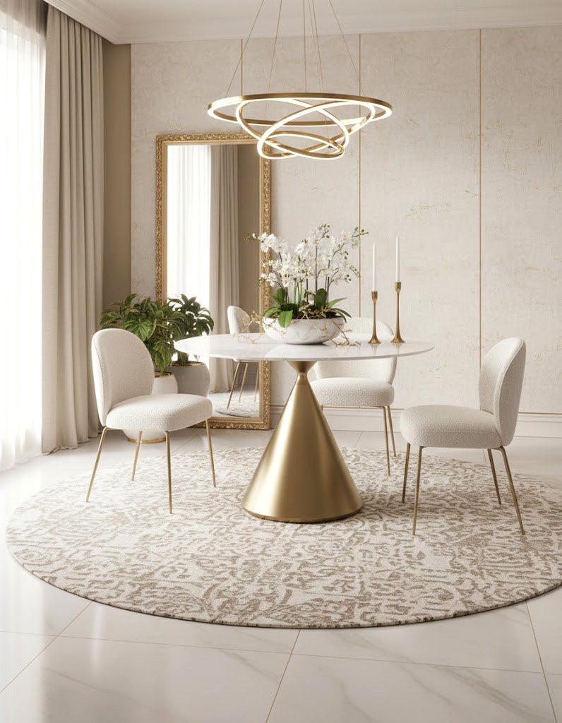 STÓŁ JADALNIANY Verona na podstawie w kształcie klepsydry w kolorze szczotkowanego złota, biały blat, nowoczesny styl, piękny STÓŁ JADALNIANY Verona na podstawie w kształcie klepsydry w kolorze szczotkowanego złota, biały blat, nowoczesny styl, piękny