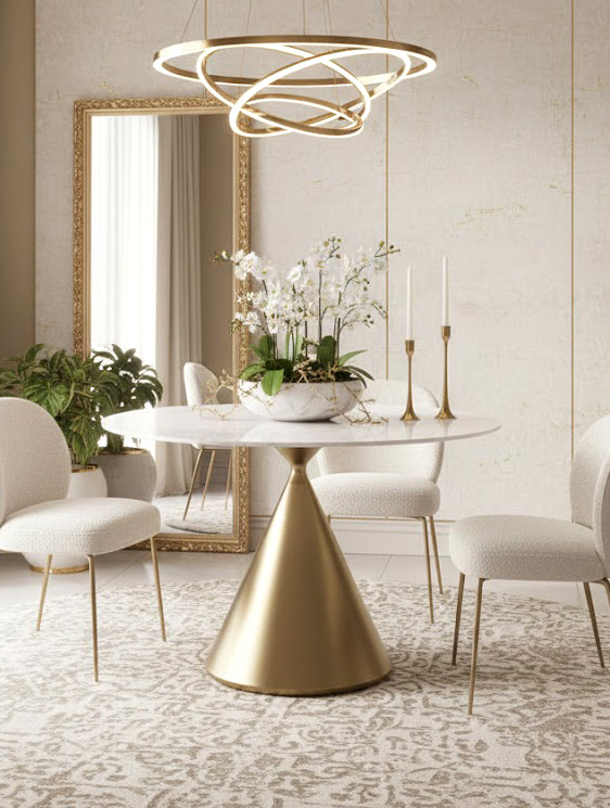 STÓŁ JADALNIANY Verona na podstawie w kształcie klepsydry w kolorze szczotkowanego złota, biały blat, nowoczesny styl STÓŁ JADALNIANY Verona na podstawie w kształcie klepsydry w kolorze szczotkowanego złota, biały blat, nowoczesny styl