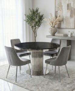 STÓŁ JADALNIANY okrągły Riviera, podstawa ze srebrnej stali w kształcie rurek, czarny blat z konglomeratu (możliwość zmiany blatu)