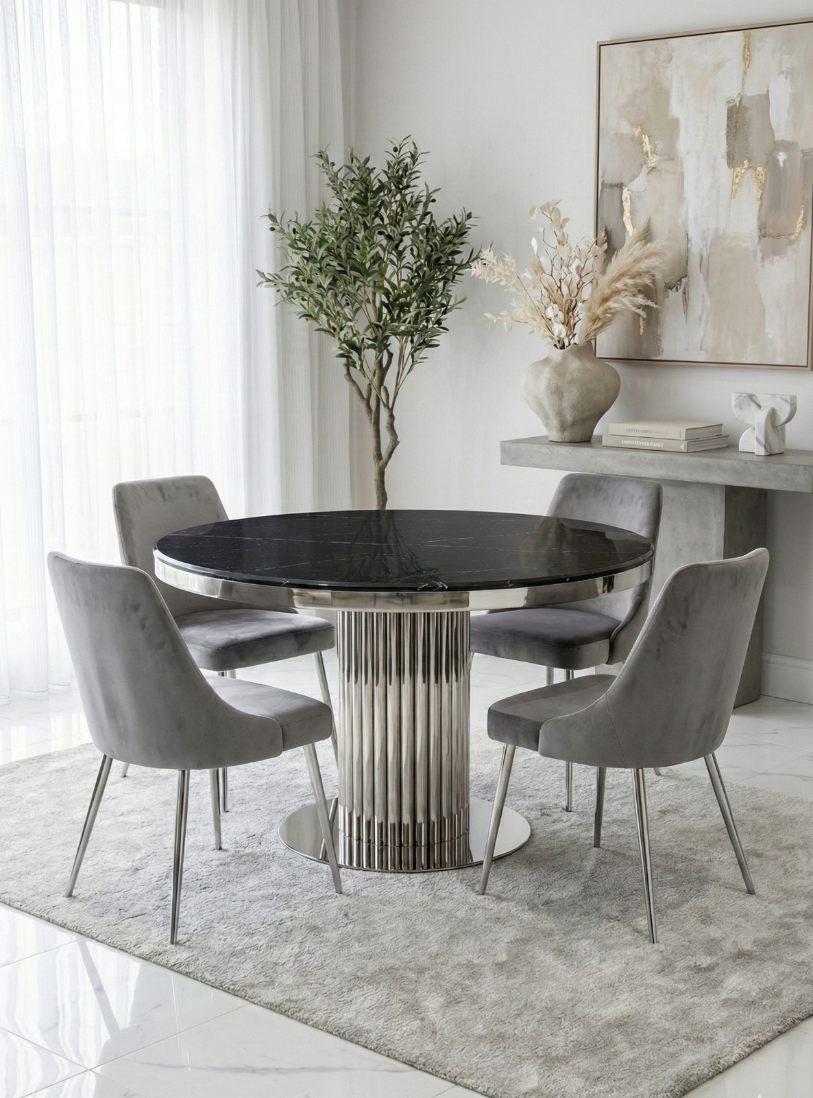 STÓŁ JADALNIANY okrągły Riviera, podstawa ze srebrnej stali w kształcie rurek, czarny blat z konglomeratu (możliwość zmiany blatu) STÓŁ JADALNIANY okrągły Riviera, podstawa ze srebrnej stali w kształcie rurek, czarny blat z konglomeratu (możliwość zmiany blatu)