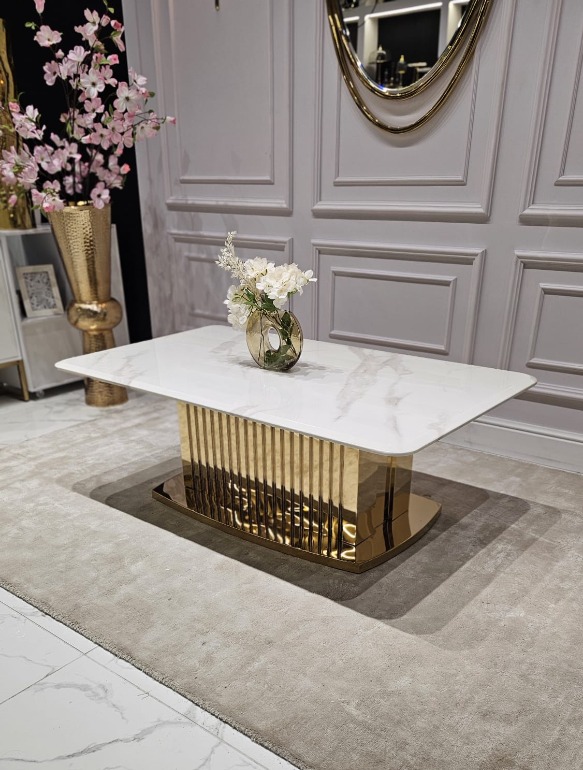 STOLIK KAWOWY Harmony na złotej podstawie, blat z konglomeratu marmurowego, nowoczesny styl, ekskluzywny