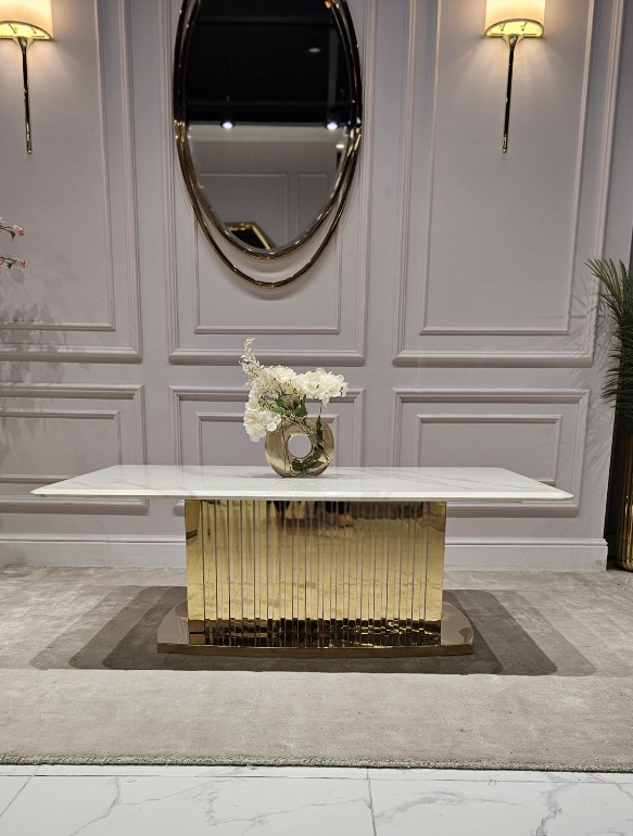 STOLIK KAWOWY Harmony na złotej podstawie, blat z konglomeratu marmurowego, nowoczesny styl, premium