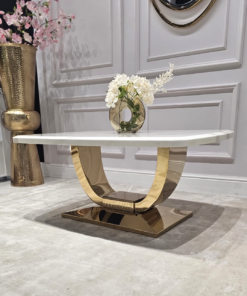 STOLIK KAWOWY RING na złotej błyszczącej podstawie, prostokątny blat z konglomeratu marmurowego, nowoczesny glamour - 100 cm, piękny