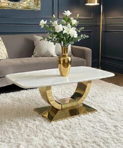 STOLIK KAWOWY RING na złotej błyszczącej podstawie, prostokątny blat z konglomeratu marmurowego, nowoczesny glamour - 130 cm