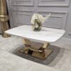 STOLIK KAWOWY RING na złotej błyszczącej podstawie, prostokątny blat z konglomeratu marmurowego, nowoczesny glamour, piękny