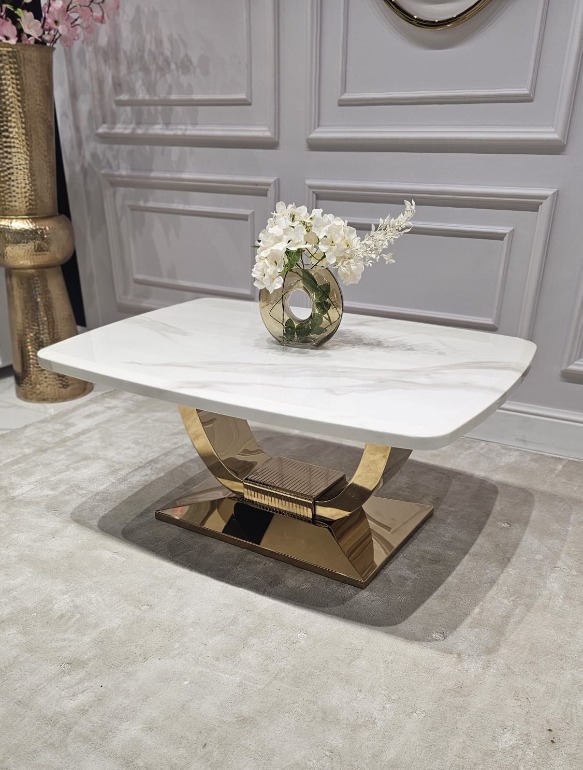 STOLIK KAWOWY RING na złotej błyszczącej podstawie, prostokątny blat z konglomeratu marmurowego, nowoczesny glamour, piękny