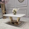 STOLIK KAWOWY RING na złotej błyszczącej podstawie, prostokątny blat z konglomeratu marmurowego, nowoczesny glamour