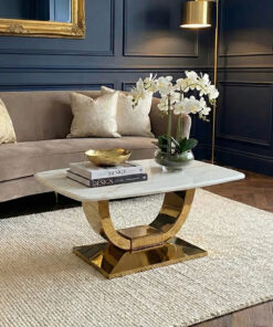 STOLIK KAWOWY na złotej błyszczącej podstawie, prostokątny blat z konglomeratu marmurowego, nowoczesny glamour - 100 cm