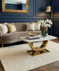 STOLIK KAWOWY na złotej błyszczącej podstawie, prostokątny blat z konglomeratu marmurowego, nowoczesny glamour - 100 cm, piękny