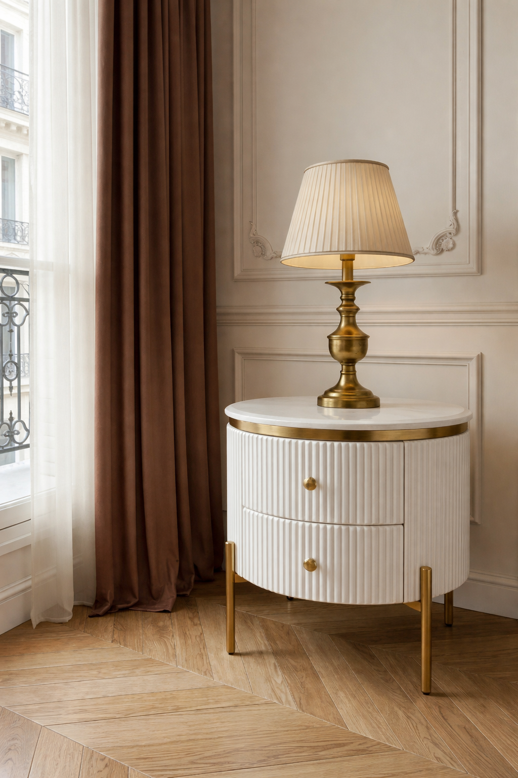 SZAFKA NOCNA Anne Fosco, okrągła, ryflowany korpus, złote, szczotkowane, metalowe detale, blat z konglomeratu marmurowego, biała