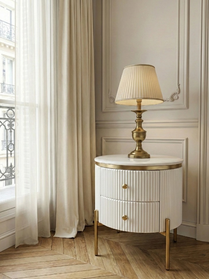 SZAFKA NOCNA Anne, okrągła, ryflowany korpus, złote, szczotkowane, metalowe detale, blat z konglomeratu marmurowego, biała SZAFKA NOCNA Anne, okrągła, ryflowany korpus, złote, szczotkowane, metalowe detale, blat z konglomeratu marmurowego, biała