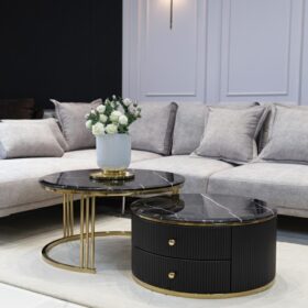 ZESTAW STOLIKÓW KAWOWYCH Anne Nero 2w1, blat z konglomeratu marmurowego, ZŁOTY BŁYSZCZĄCY, ryflowany z szufladami, z serii mebli Anne 2025