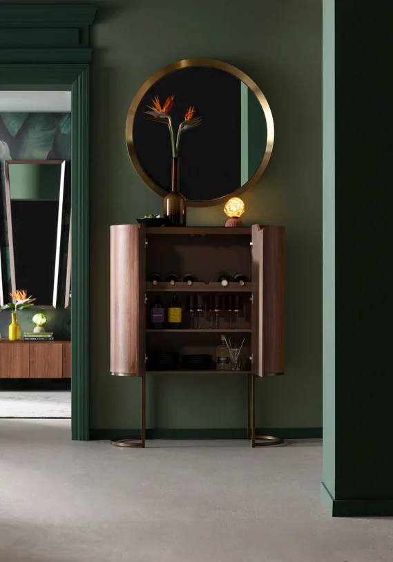 BAREK Giorgio o zaokrąglonych bokach, brązowy kolor, pojemne półki, szklany blat, nowoczesny styl, ekskluzywny