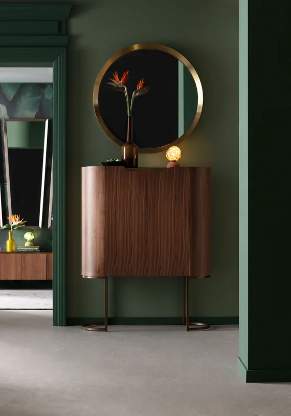 BAREK Giorgio o zaokrąglonych bokach, brązowy kolor, pojemne półki, szklany blat, nowoczesny styl, piękny