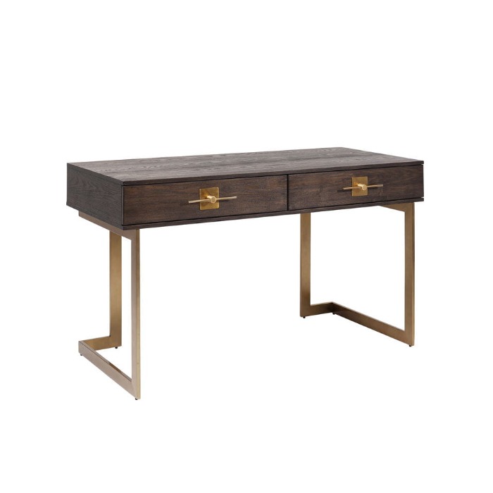 BIURKO Osaka prostokątne, kolor orzechowy, metalowe nogi i uchwyty w kolorze mosiądzu