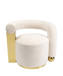 FOTEL Amuse z okrągłym siedziskiem i artystycznym oparciem, beżowa tapicerka typu bouclé, złote metalowe detale, nowoczesny glamour