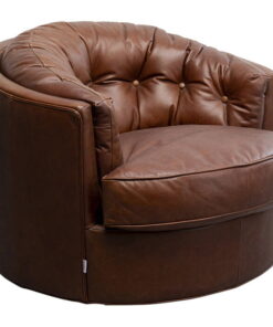 FOTEL OBROTOWY Music Hall okrągły, brązowy, z naturalnej skóry bydlęcej, eleganckie pikowania na oparciu, klasyczny styl, piękny