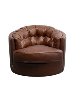 FOTEL OBROTOWY Music Hall okrągły, brązowy, z naturalnej skóry bydlęcej, eleganckie pikowania na oparciu, klasyczny styl