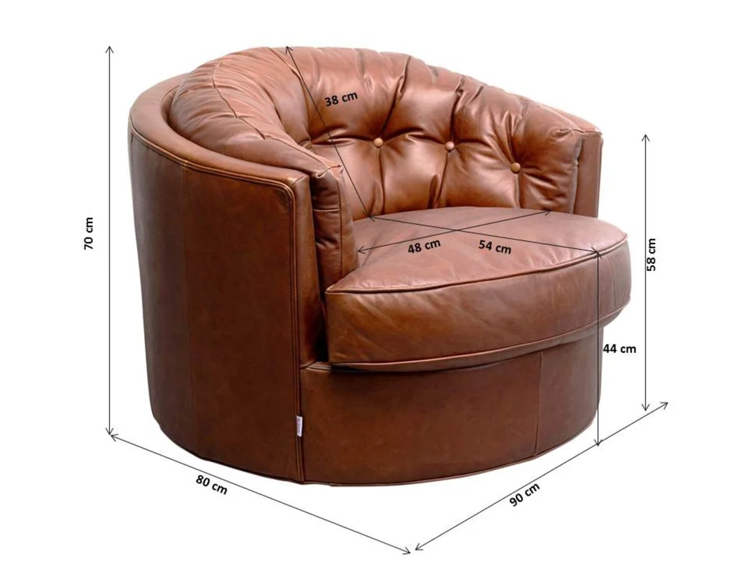 FOTEL OBROTOWY Music Hall okrągły, brązowy, z naturalnej skóry bydlęcej, eleganckie pikowania na oparciu, klasyczny styl, wymiary