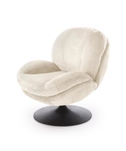 FOTEL OBROTOWY Shell na czarnej okrągłej podstawie, kremowa tapicerka, obłe kształty, nowoczesny styl