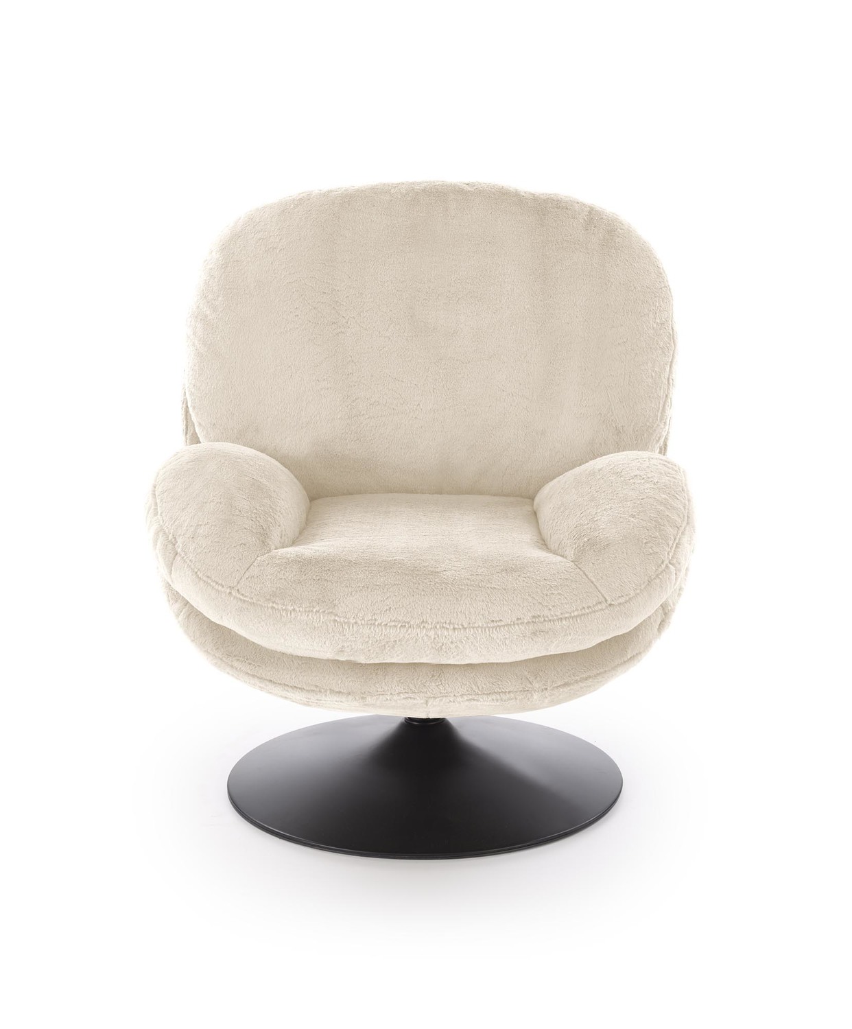 FOTEL OBROTOWY Shell na czarnej okrągłej podstawie, kremowa tapicerka, obłe kształty, nowoczesny styl, ekskluzywny
