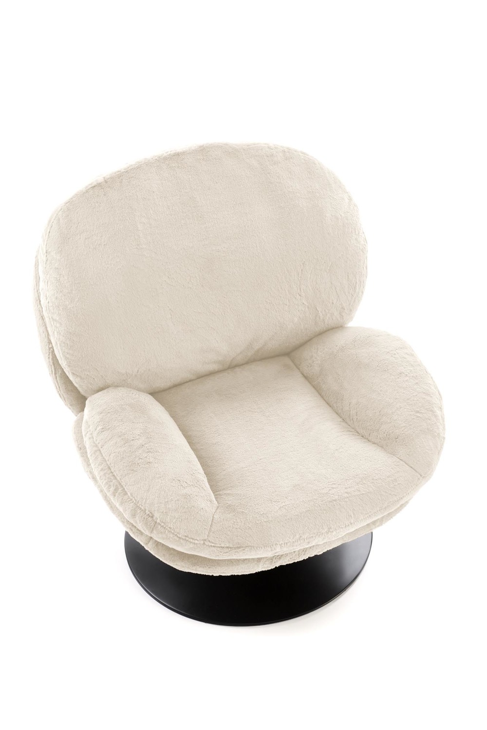 FOTEL OBROTOWY Shell na czarnej okrągłej podstawie, kremowa tapicerka, obłe kształty, nowoczesny styl, piękny